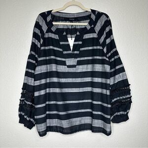 NWT Who What Wear Boho Black Gray Striped Long Sleeves Top